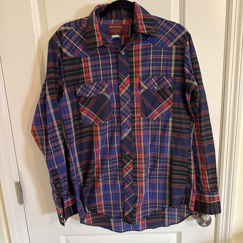 VTG Rustler X Long Tails Western Shirt Men Size 15.5 34 35 Striped Pearl Snap